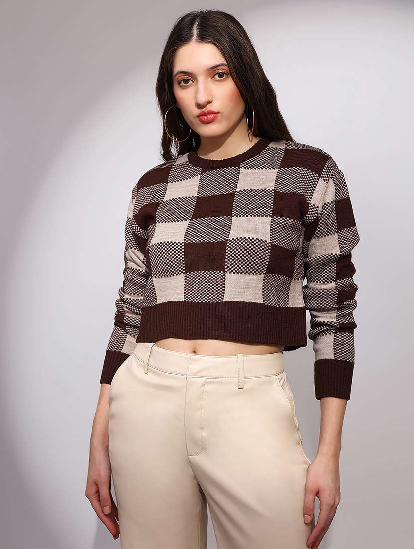 women checkered long sleeve crop pullover - 22147812 -  Zoom Image - 0