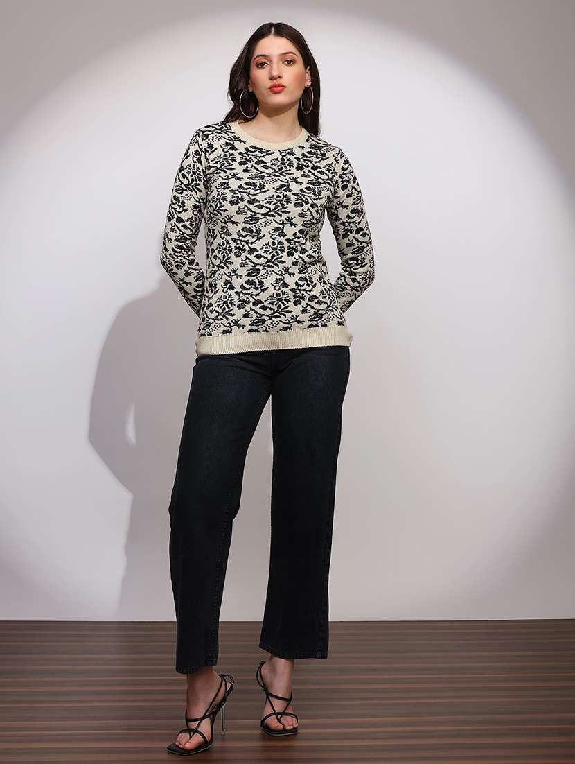 globus women black round neck long sleeves floral print ribbed hem winterwear pullover sweater - 22147813 -  Standard Image - 3