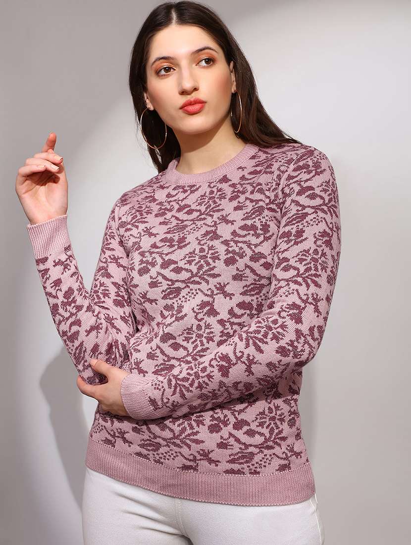 globus women pink round neck long sleeves floral print ribbed hem winterwear pullover sweater