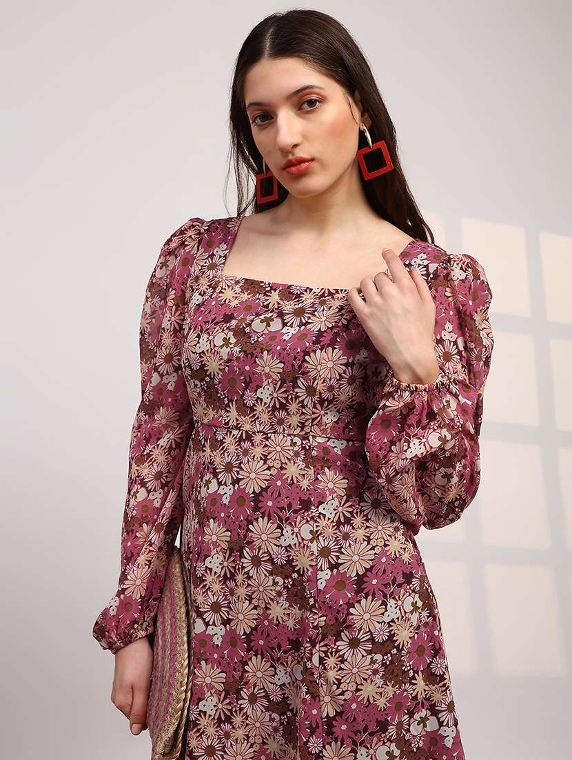 globus women multicolour georgette floral printed square neck bishop sleeves stylized back fit & flare midi dress - 22147815 -  Standard Image - 3