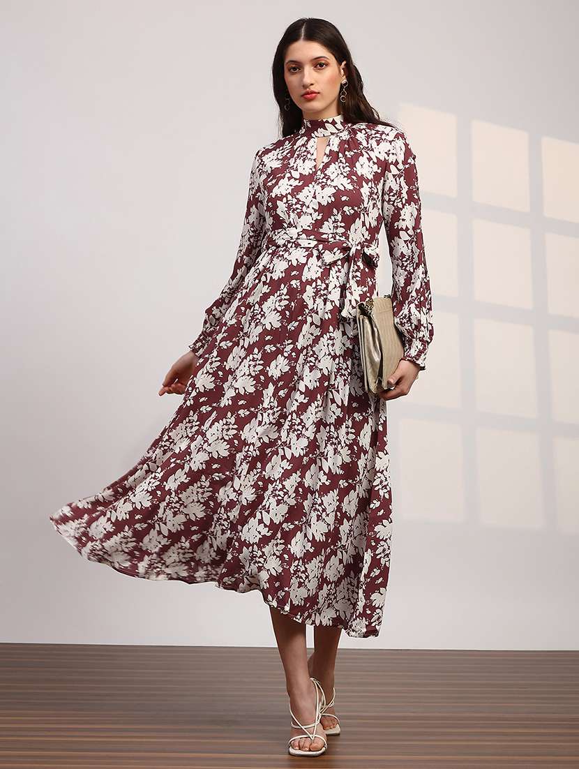 globus women maroon allover floral print high neck bishop sleeves belted fit & flare midi dress - 22147818 -  Zoom Image - 0
