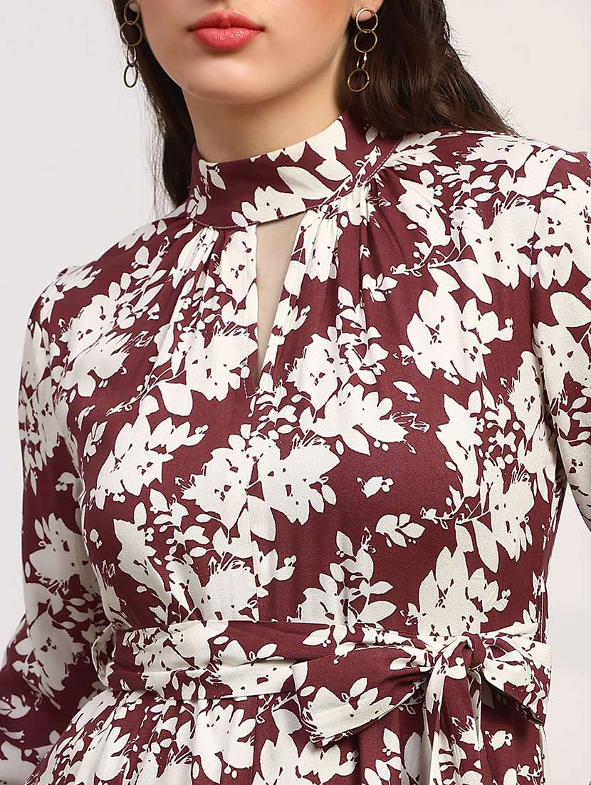 globus women maroon allover floral print high neck bishop sleeves belted fit & flare midi dress - 22147818 -  Standard Image - 3