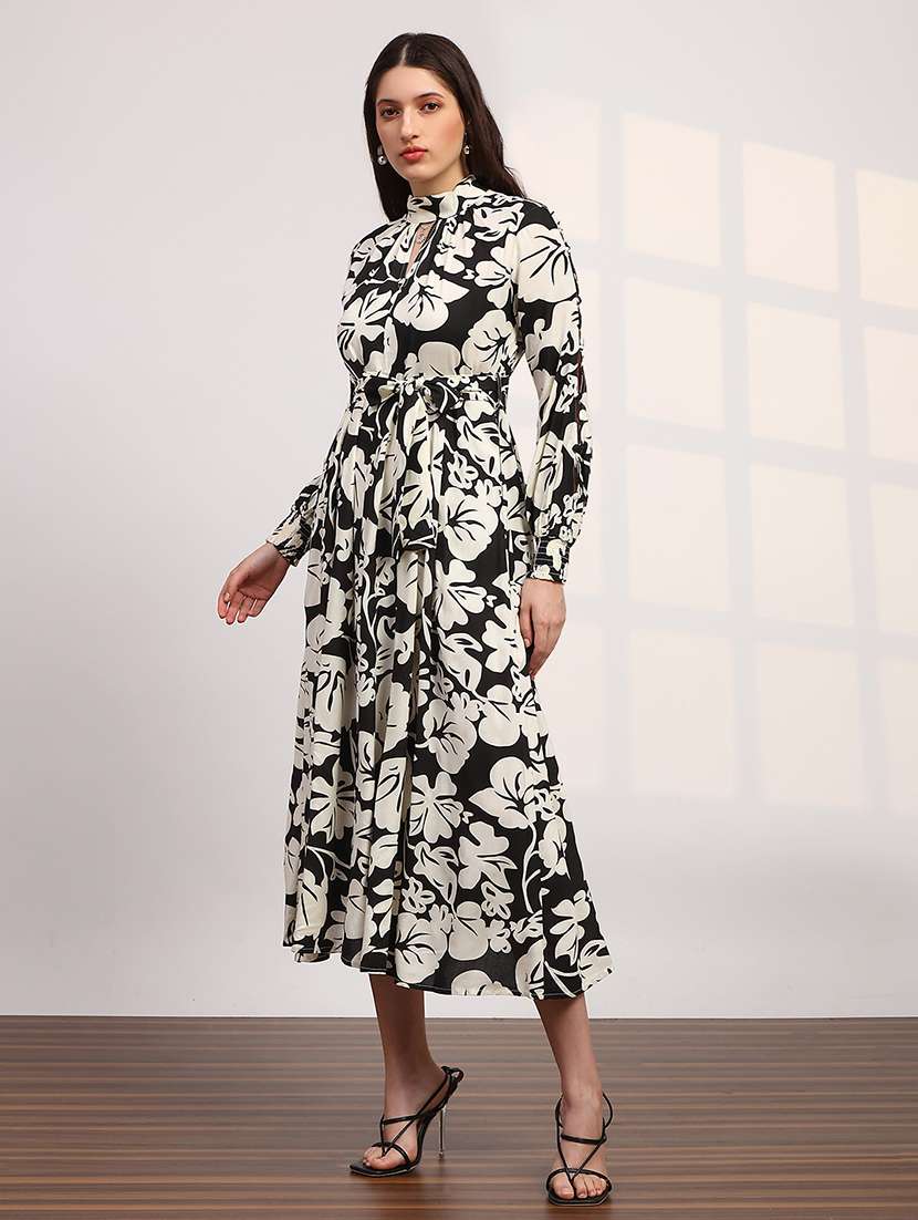 globus women black allover floral print high neck bishop sleeves belted fit & flare midi dress
