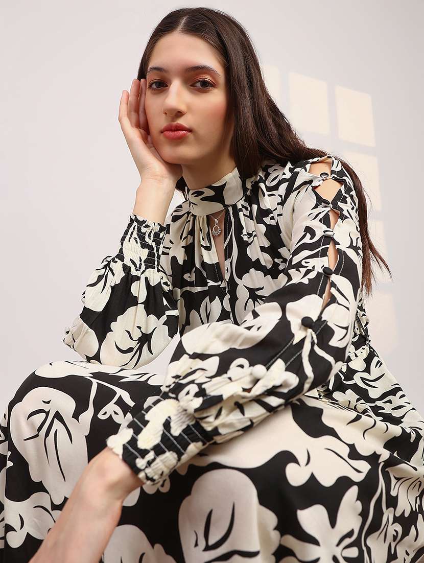 globus women black allover floral print high neck bishop sleeves belted fit & flare midi dress - 22147819 -  Standard Image - 3