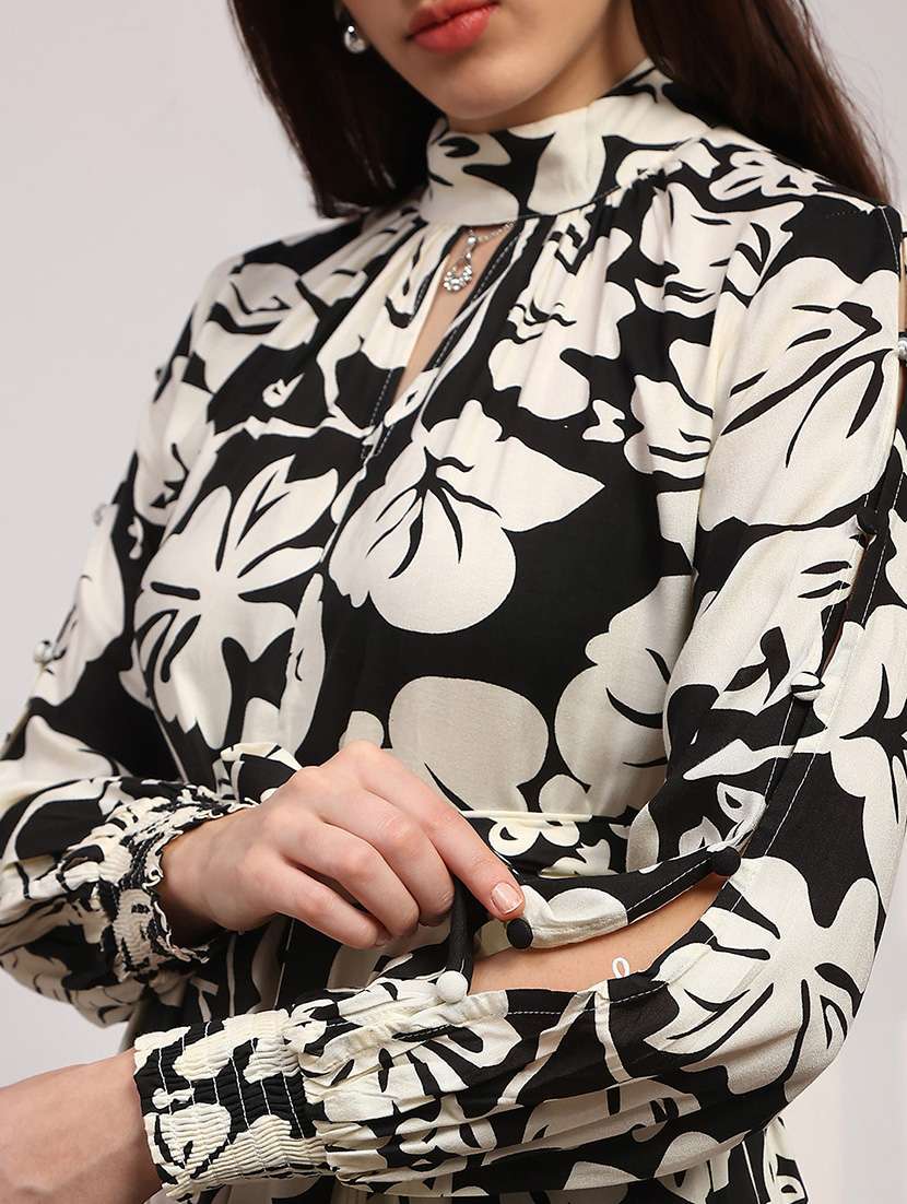 globus women black allover floral print high neck bishop sleeves belted fit & flare midi dress - 22147819 -  Standard Image - 5