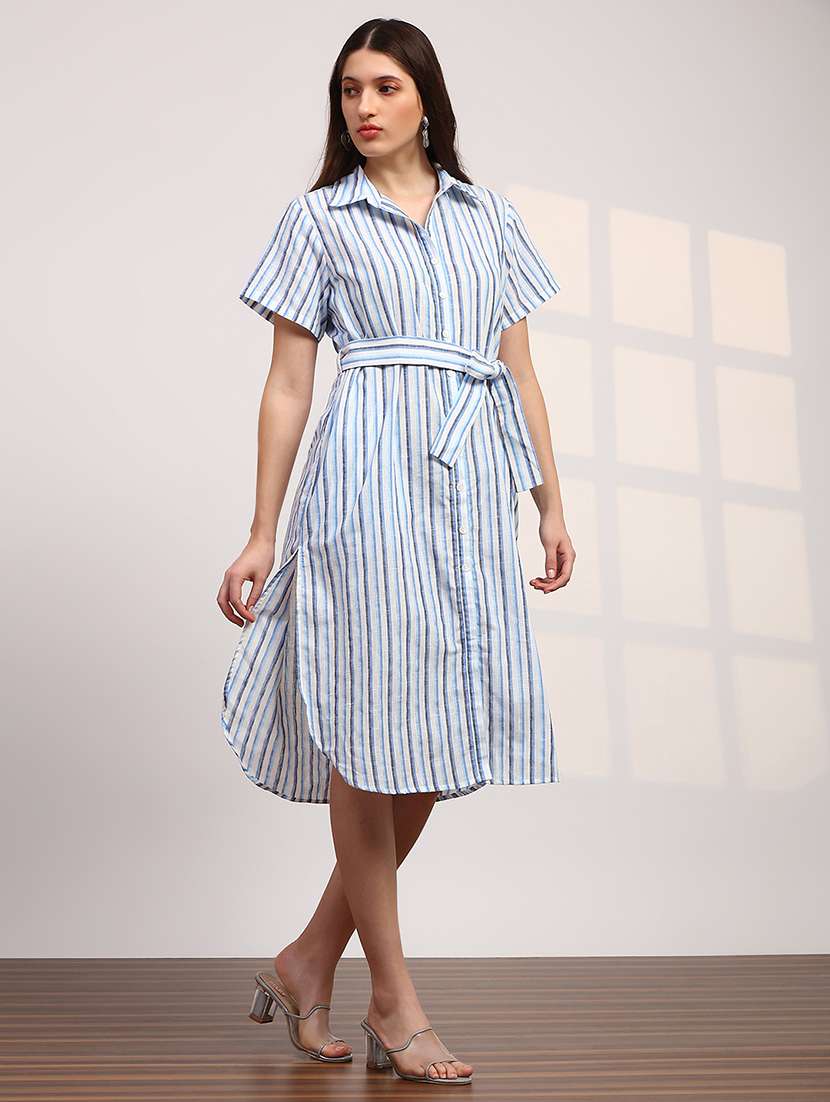 globus women blue stripes printed collared neck curved hem button-down belted shirt style dress