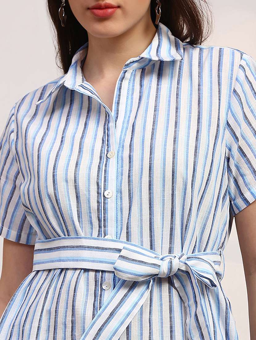 globus women blue stripes printed collared neck curved hem button-down belted shirt style dress - 22147820 -  Standard Image - 3