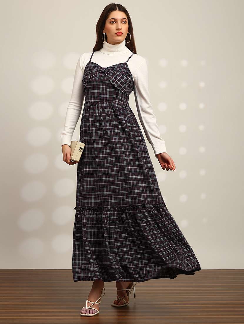 women checkered shoulder strap tiered dress 