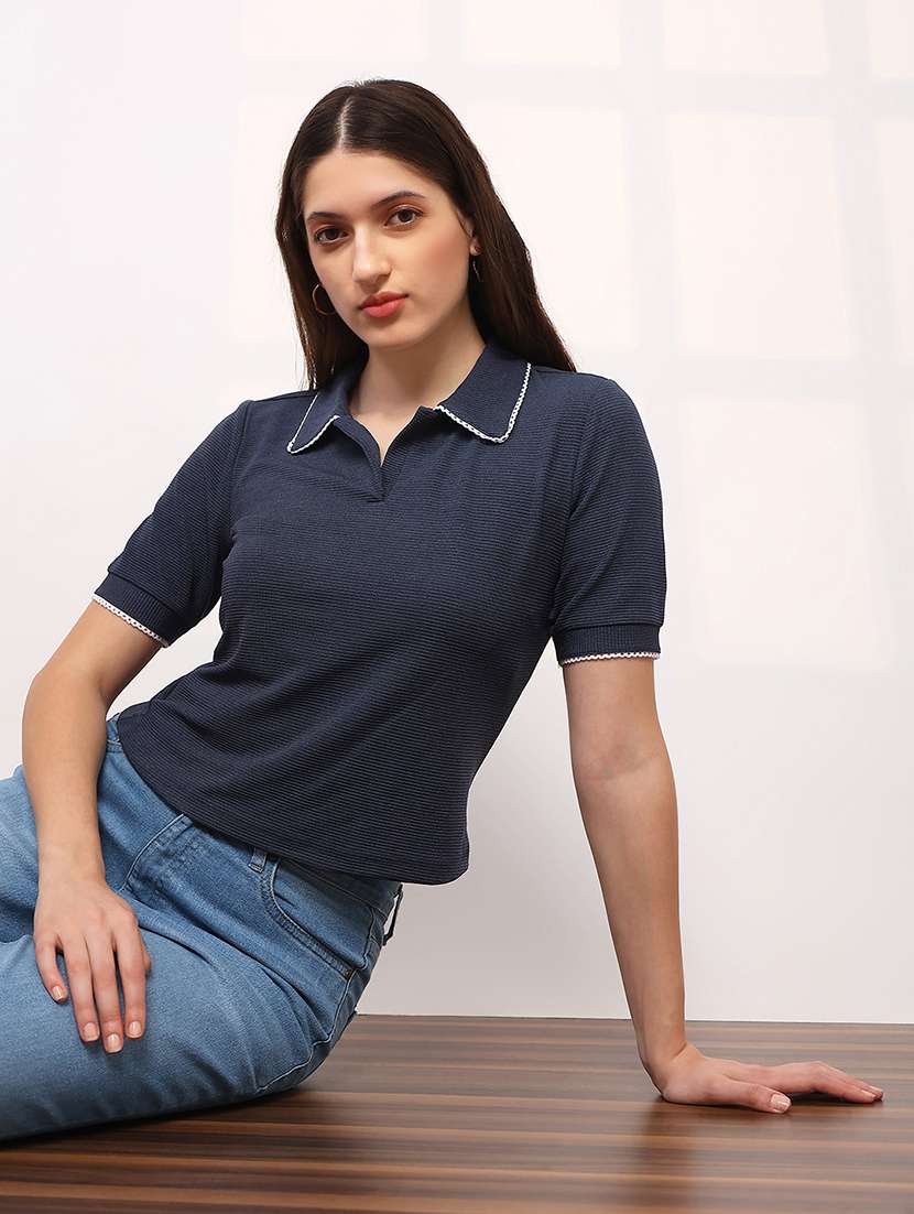 women solid short sleeve collared top - 22147828 -  Zoom Image - 0