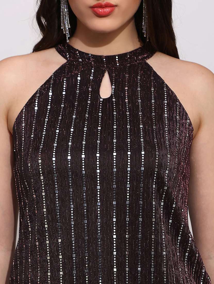 globus women brown spangle embellished halter keyhole neck sleeveless party top - 22147832 -  Standard Image - 5