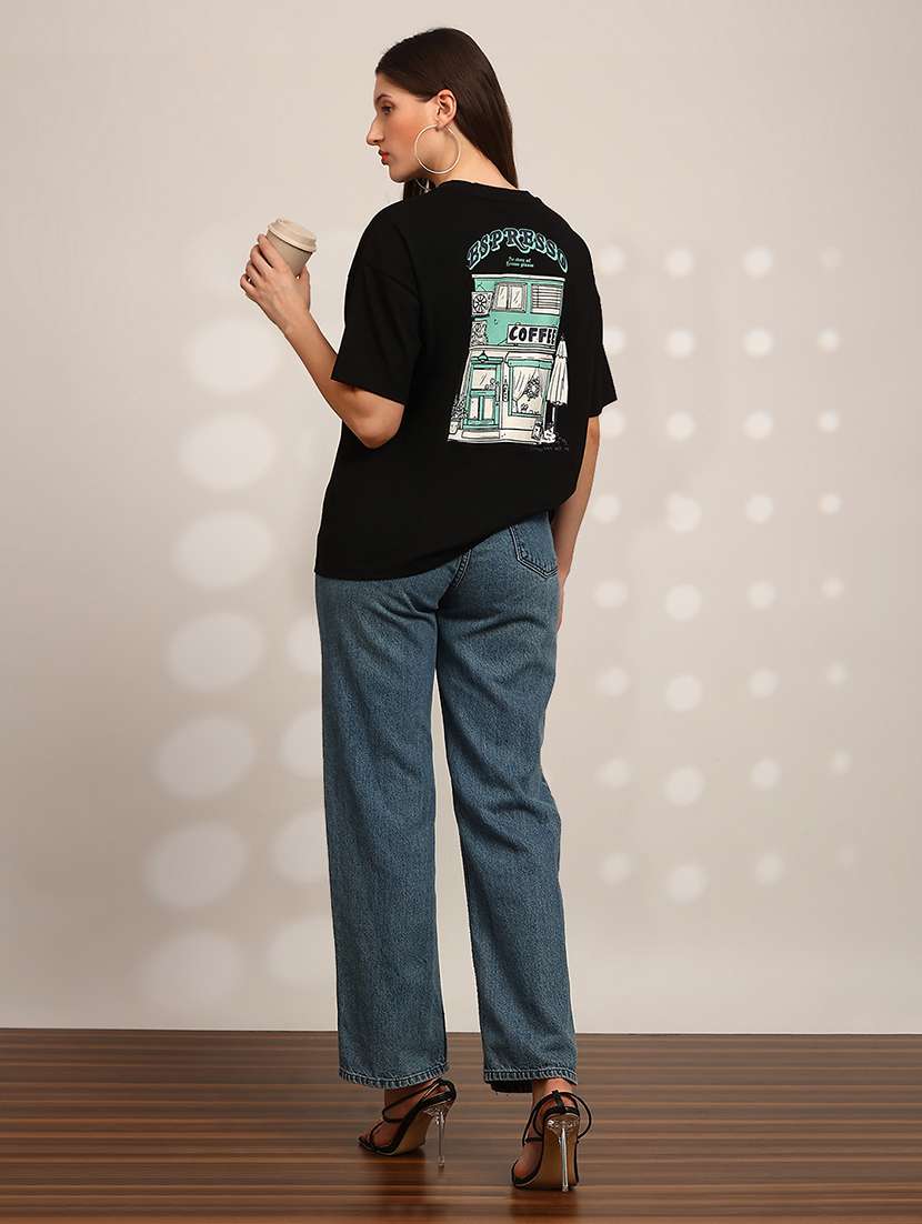 globus women black back graphic print round neck drop shoulder sleeves oversized t-shirt - 22147834 -  Standard Image - 3