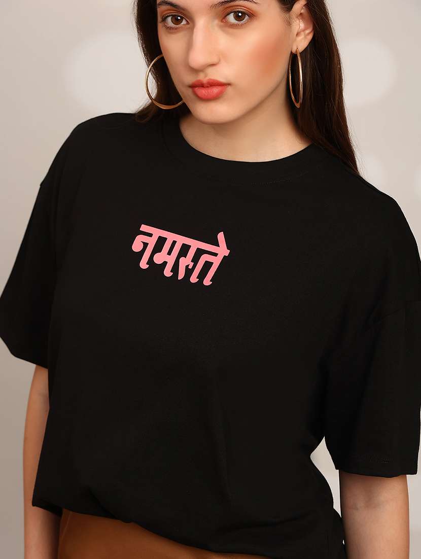 globus women black graphic print round neck drop shoulder sleeves oversized t-shirt - 22147838 -  Standard Image - 5