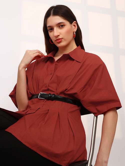 globus women red spread collar extended sleeves flared hem pleated shirt - 22147842 -  Standard Image - 0