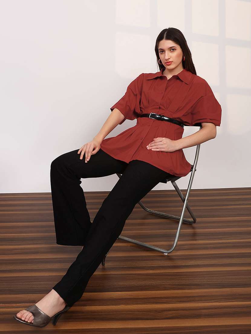 globus women red spread collar extended sleeves flared hem pleated shirt - 22147842 -  Standard Image - 3