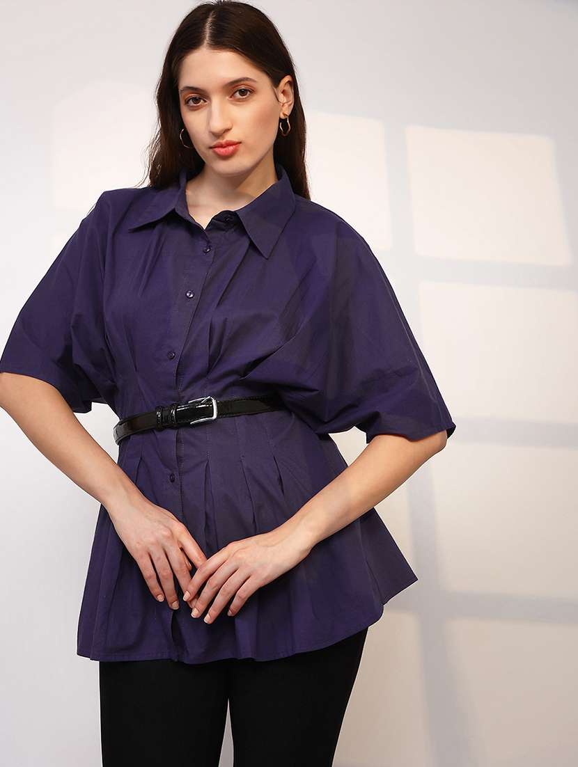 globus women purple spread collar extended sleeves flared hem pleated shirt