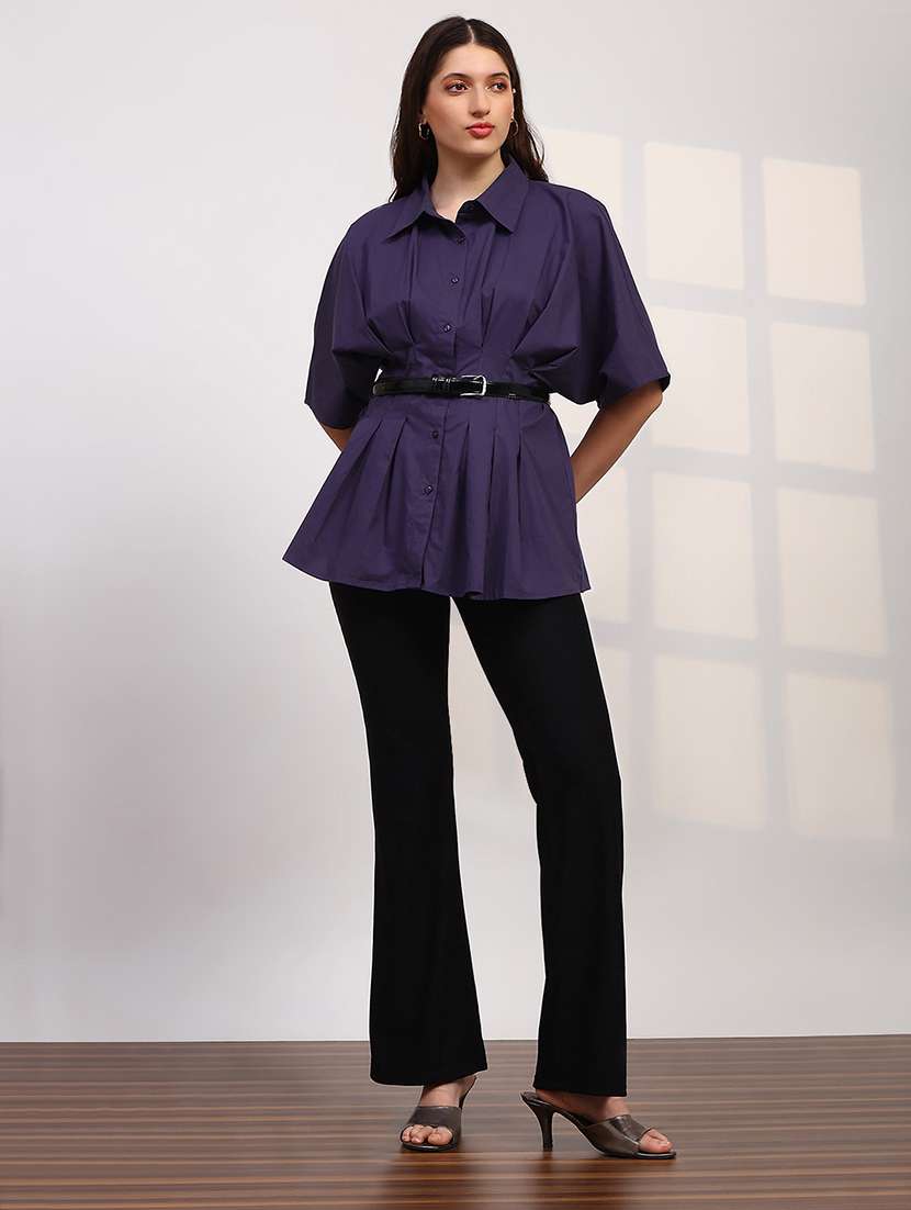 globus women purple spread collar extended sleeves flared hem pleated shirt - 22147843 -  Standard Image - 3