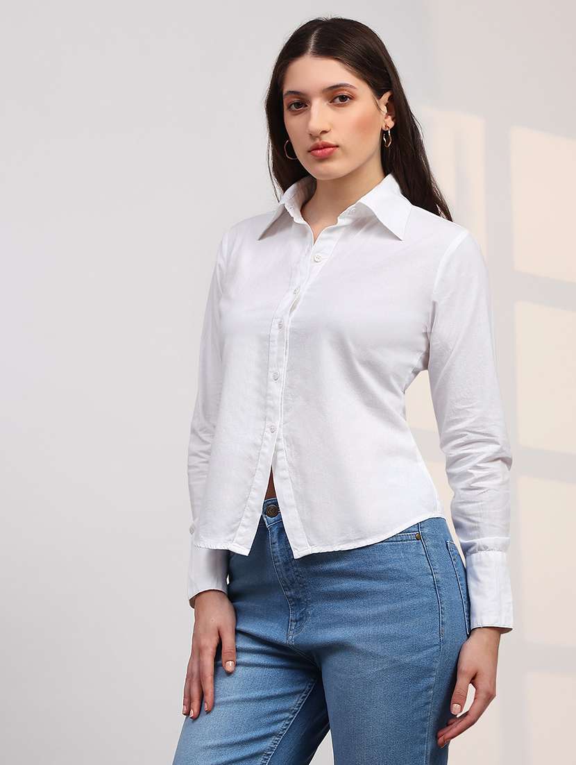 globus women white spread collar cuffed sleeves back tie-up detail curved hem workwear shirt