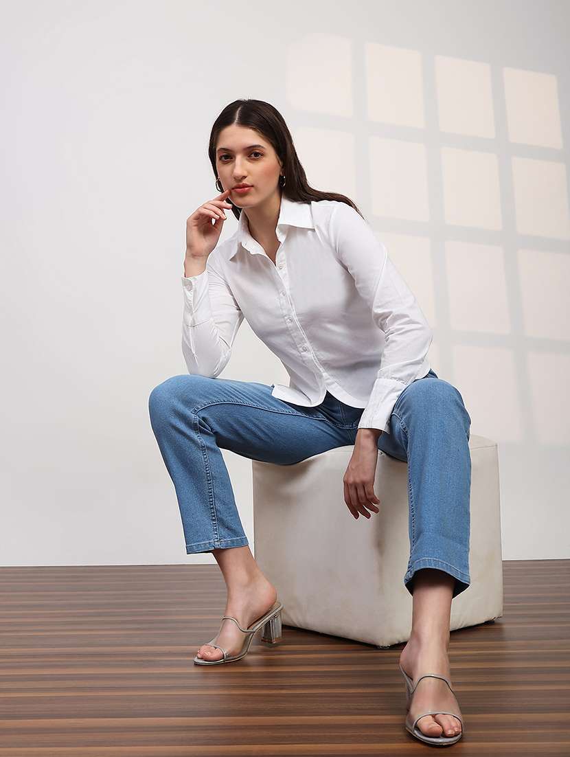 globus women white spread collar cuffed sleeves back tie-up detail curved hem workwear shirt - 22147844 -  Standard Image - 3