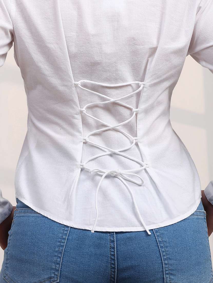 globus women white spread collar cuffed sleeves back tie-up detail curved hem workwear shirt - 22147844 -  Standard Image - 5