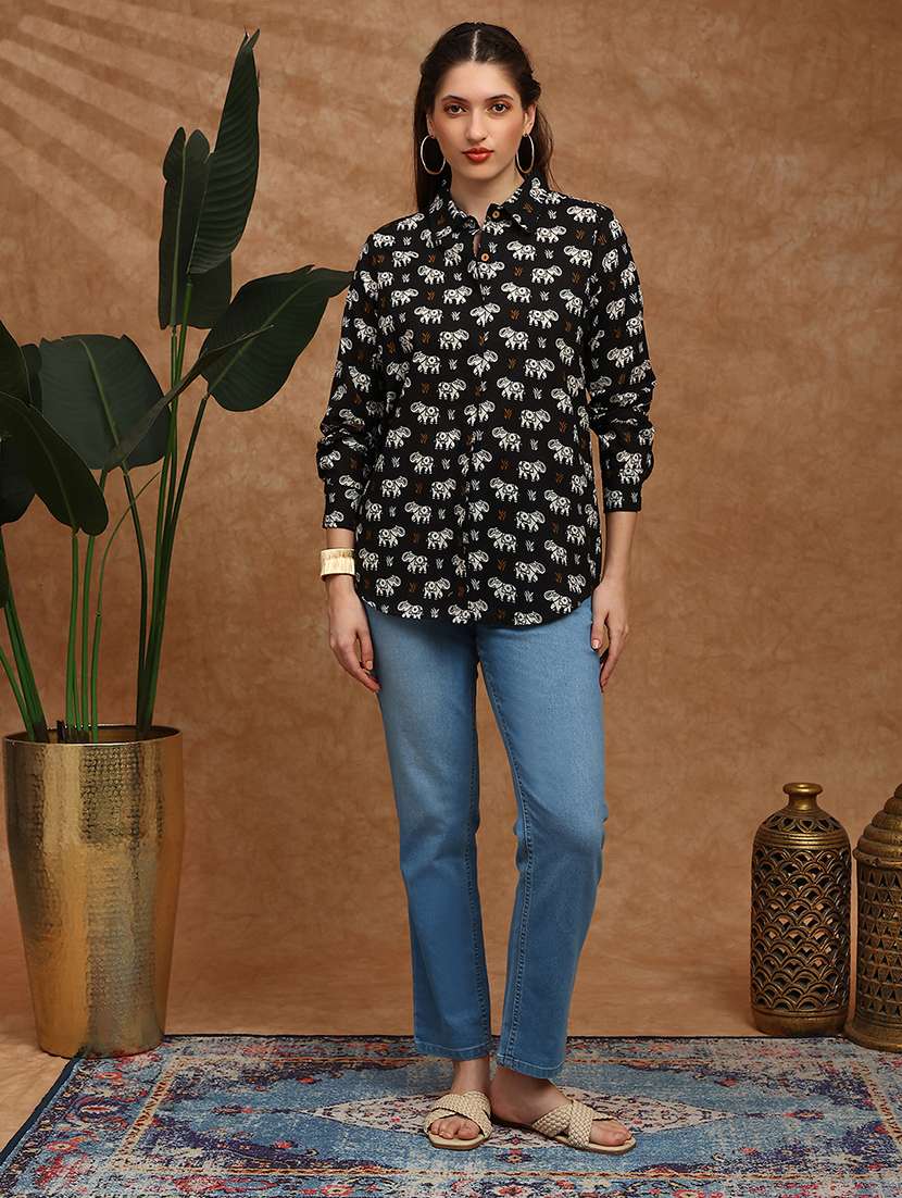 globus women black collared neck cuffed sleeves tribal print shirt style fusion wear tunic - 22147847 -  Standard Image - 3