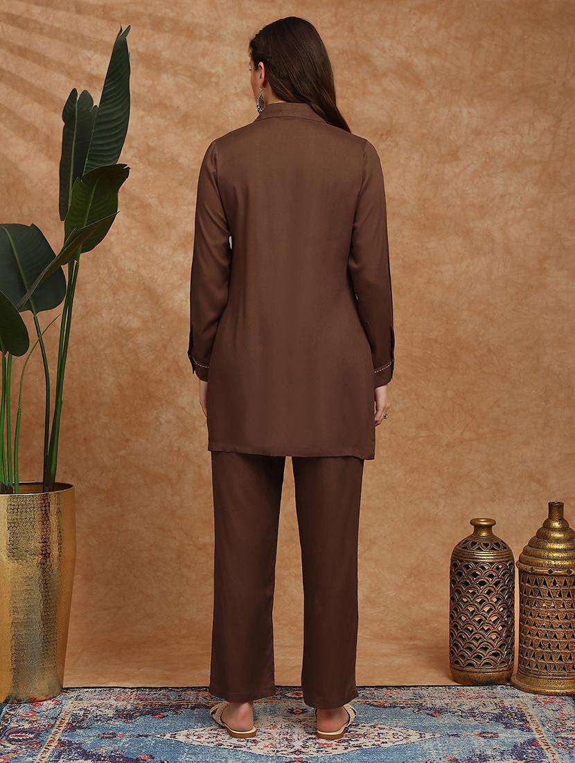 globus women brown cuban collar cuffed sleeves embroidered detail pockets shirt style tunic & trousers co-ord set - 22147848 -  Standard Image - 3
