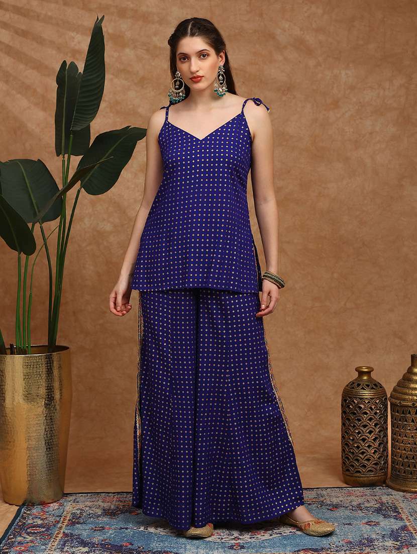 women foil printed shoulder strap ethnic co-ord set