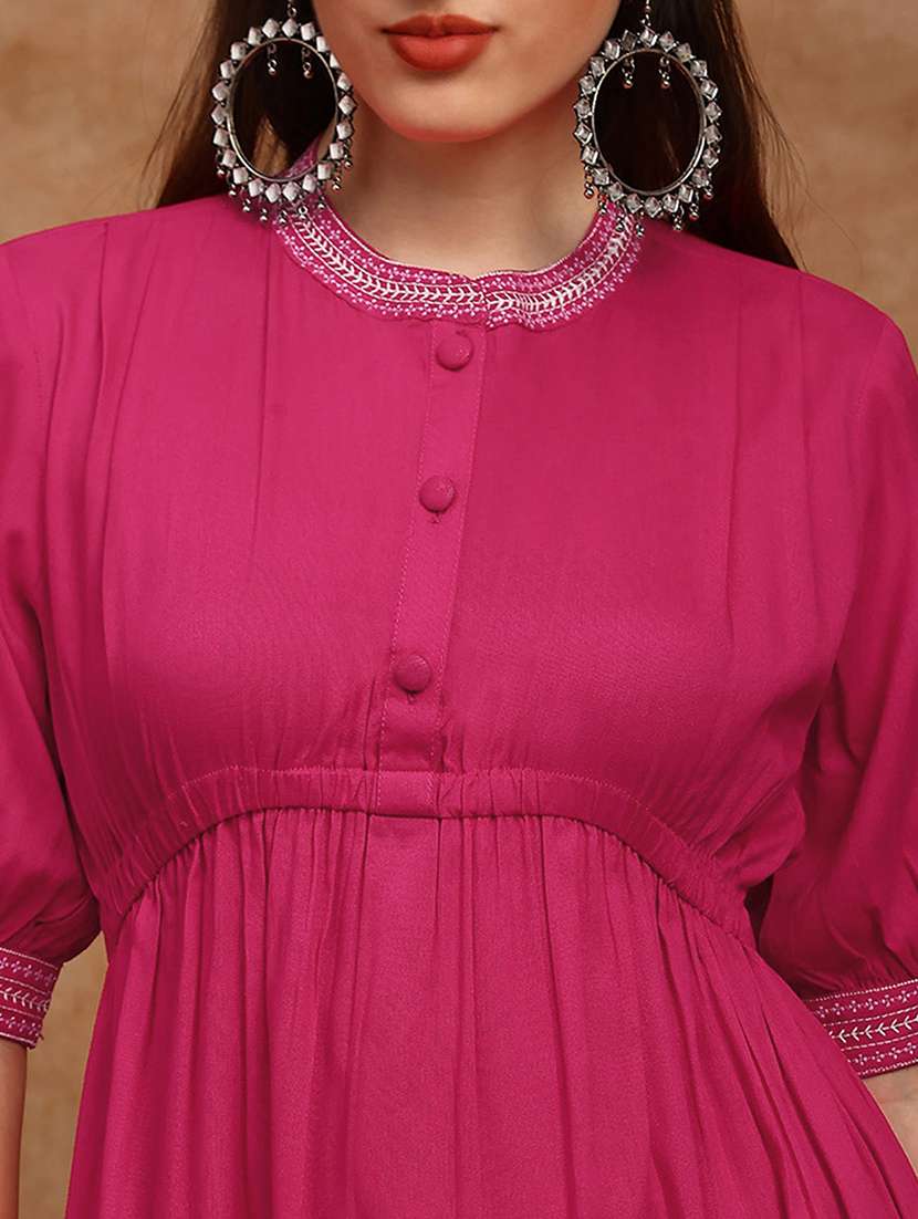 women solid puff sleeve a-line ethnic dress - 22147852 -  Standard Image - 3