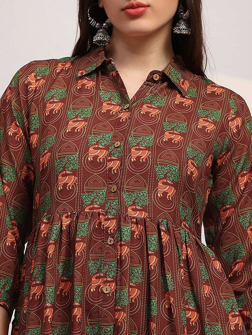 globus women brown collared neck tribal print bishop sleeves button down fit and flare tiered midi fusion dress - 22147853 -  Standard Image - 3