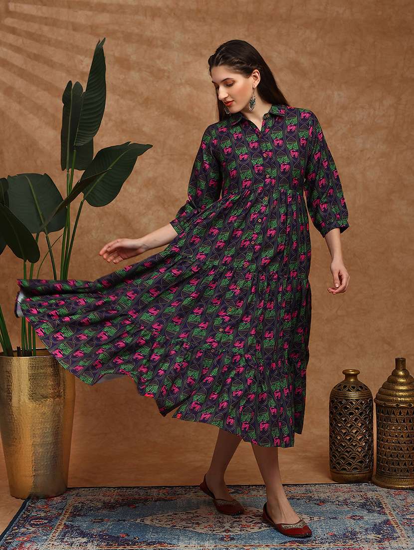 globus women purple collared neck tribal print bishop sleeves button down fit and flare tiered midi fusion dress - 22147854 -  Standard Image - 3