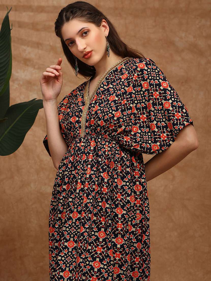 globus women black ethnic print v-neck kimono sleeves gathered detail fit and flare festive dress - 22147856 -  Standard Image - 3