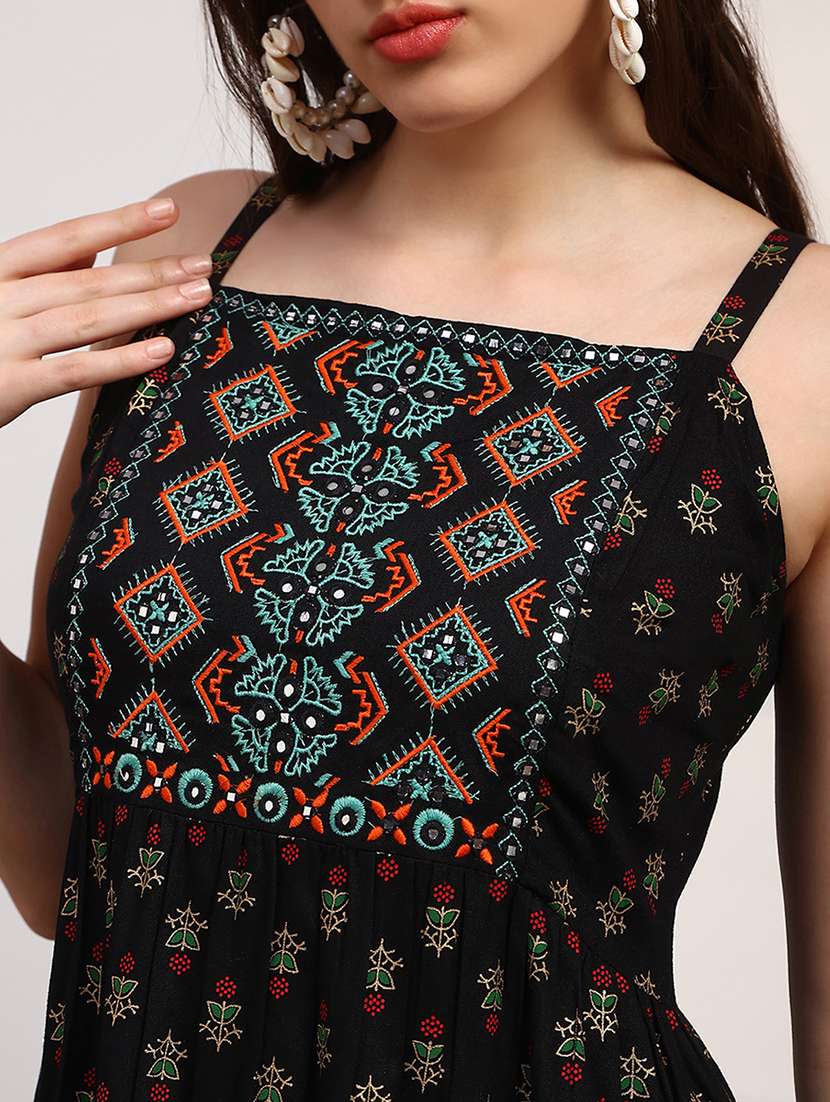 globus women black ethnic print embroidered detail square neck shoulder strap fit and flare maxi dress - 22147857 -  Standard Image - 3