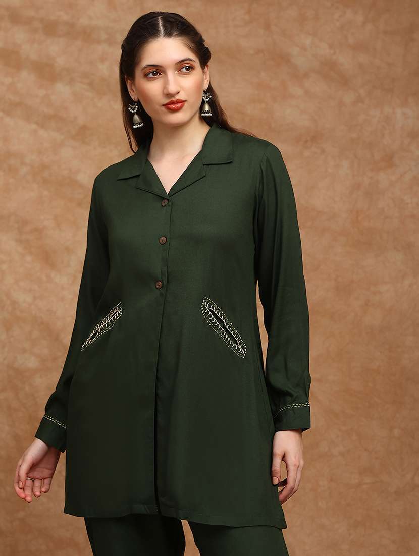 women solid long sleeve ethnic co-ord set