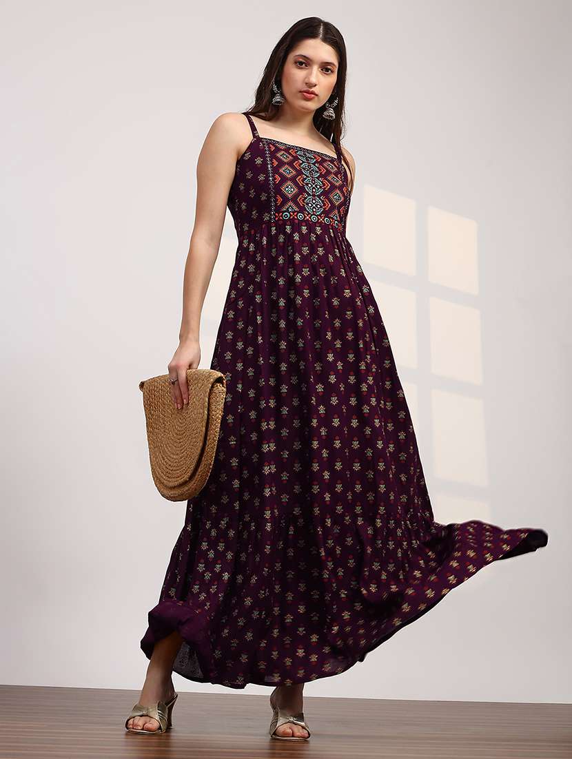 globus women wine ethnic print embroidered detail square neck shoulder strap fit and flare maxi dress - 22147861 -  Standard Image - 3