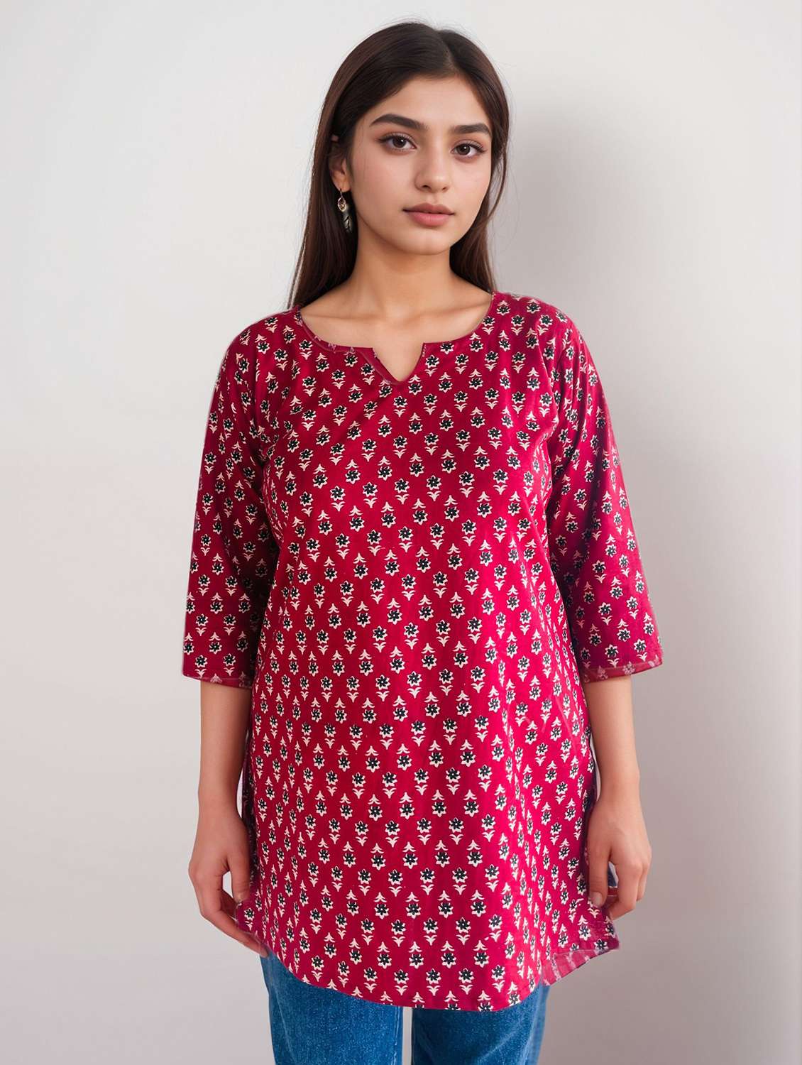 women printed three quarter sleeve straight kurti