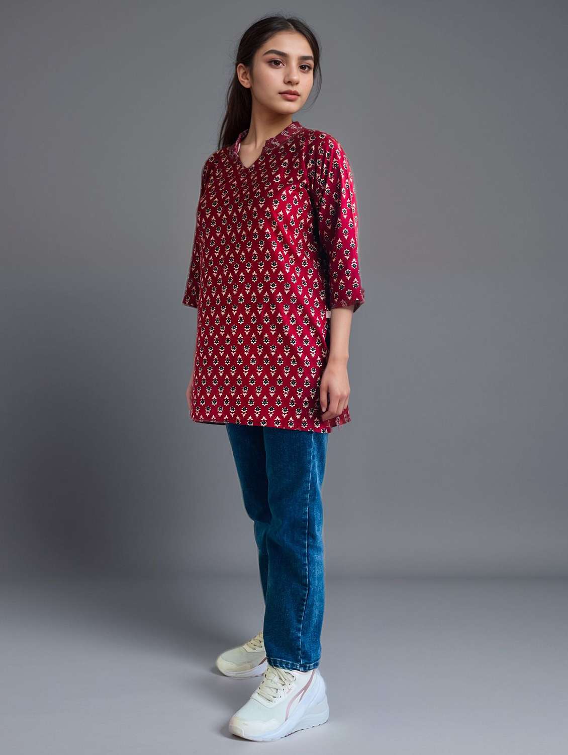 women printed three quarter sleeve straight kurti - 22147960 -  Standard Image - 3