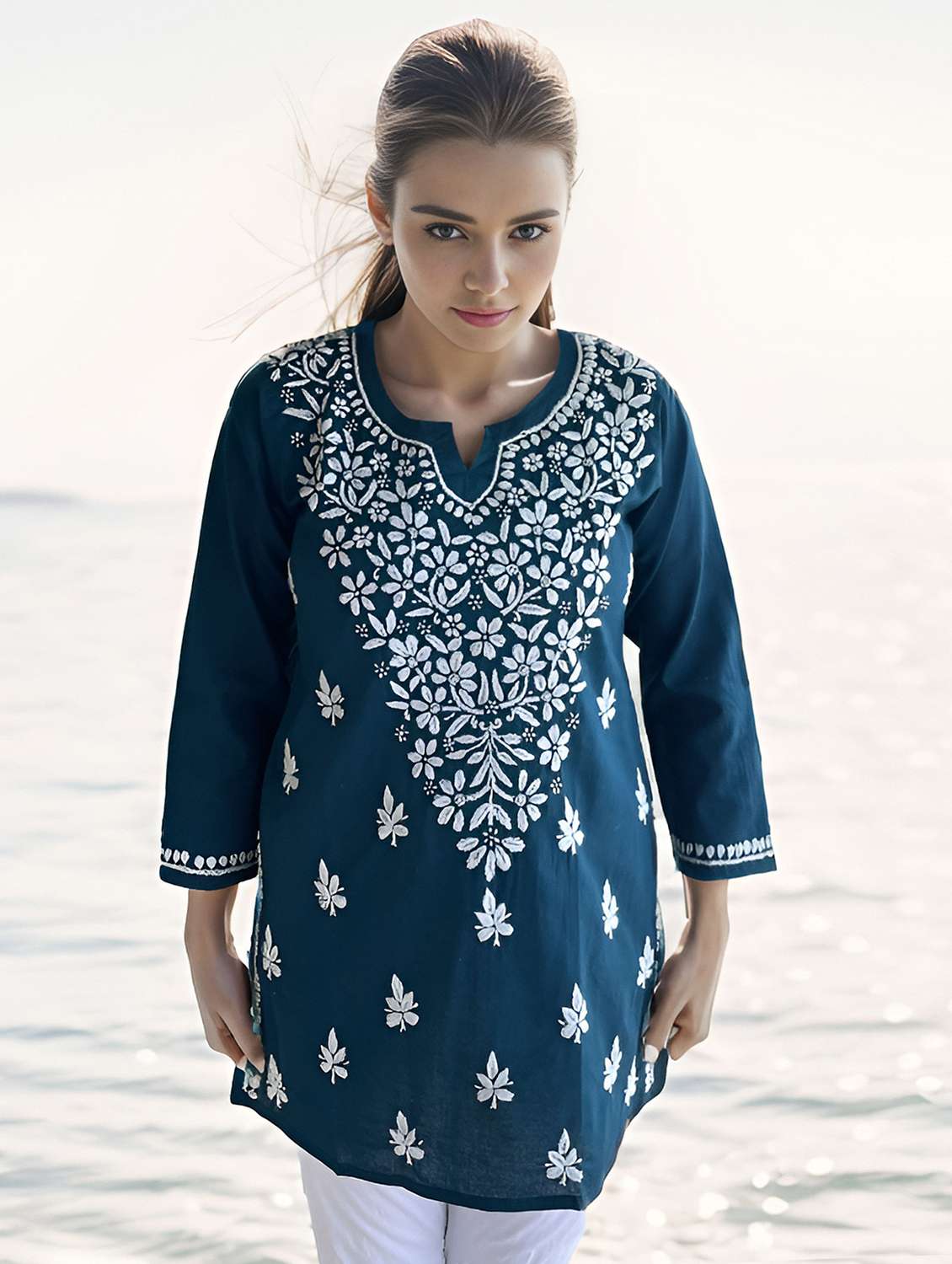 women embroidered three quarter sleeve straight kurti