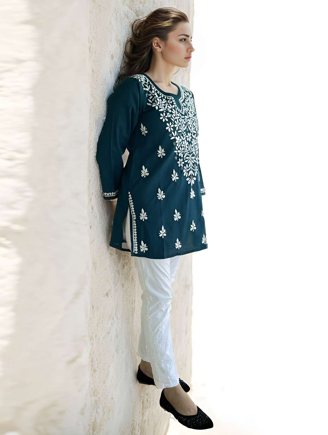 women embroidered three quarter sleeve straight kurti - 22147966 -  Standard Image - 3