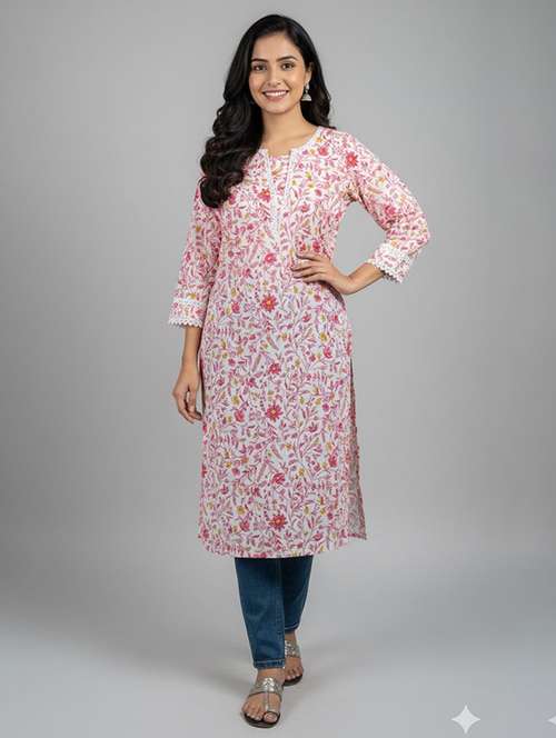 women floral three quarter sleeve straight kurta - 22147980 -  Standard Image - 0