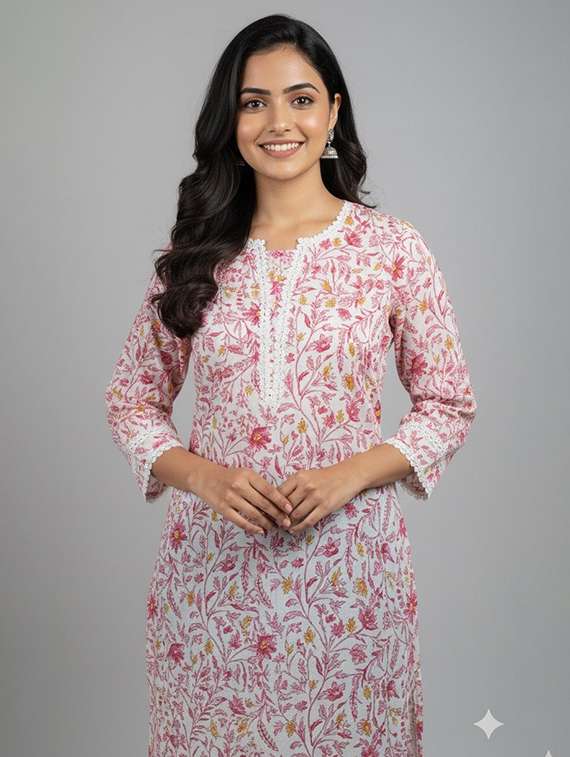 women floral three quarter sleeve straight kurta - 22147980 -  Standard Image - 3