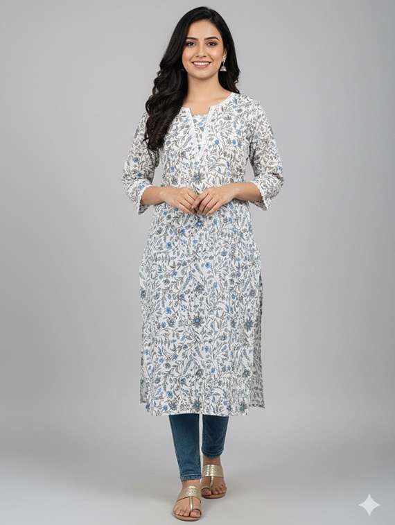 women floral three quarter sleeve straight kurta