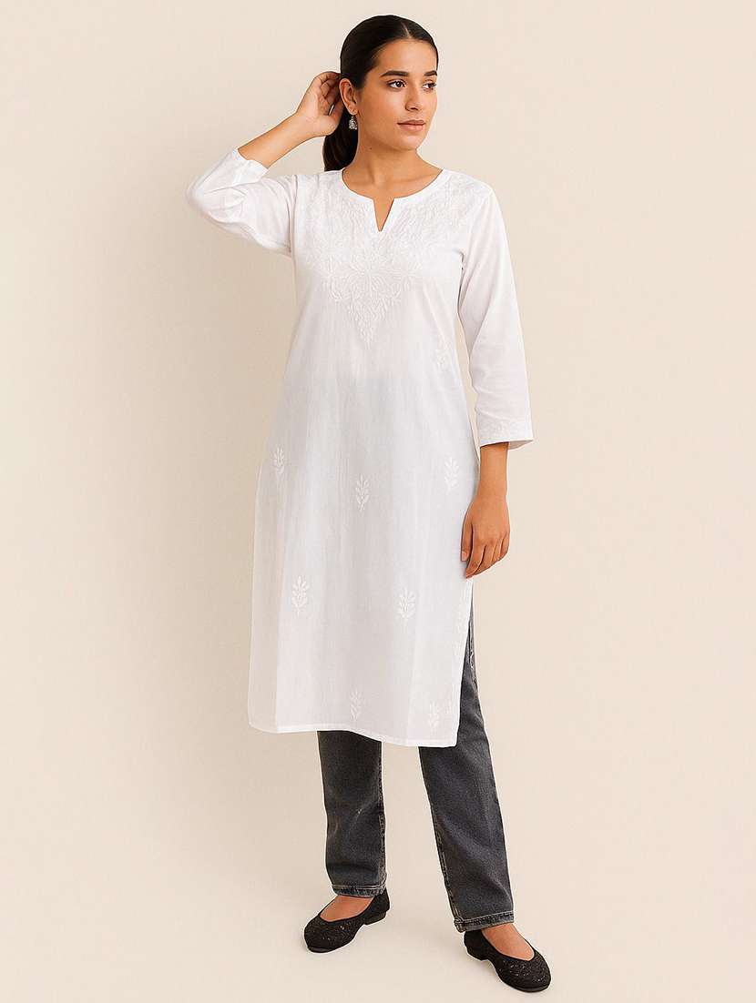 women embroidered three quarter sleeve straight kurta