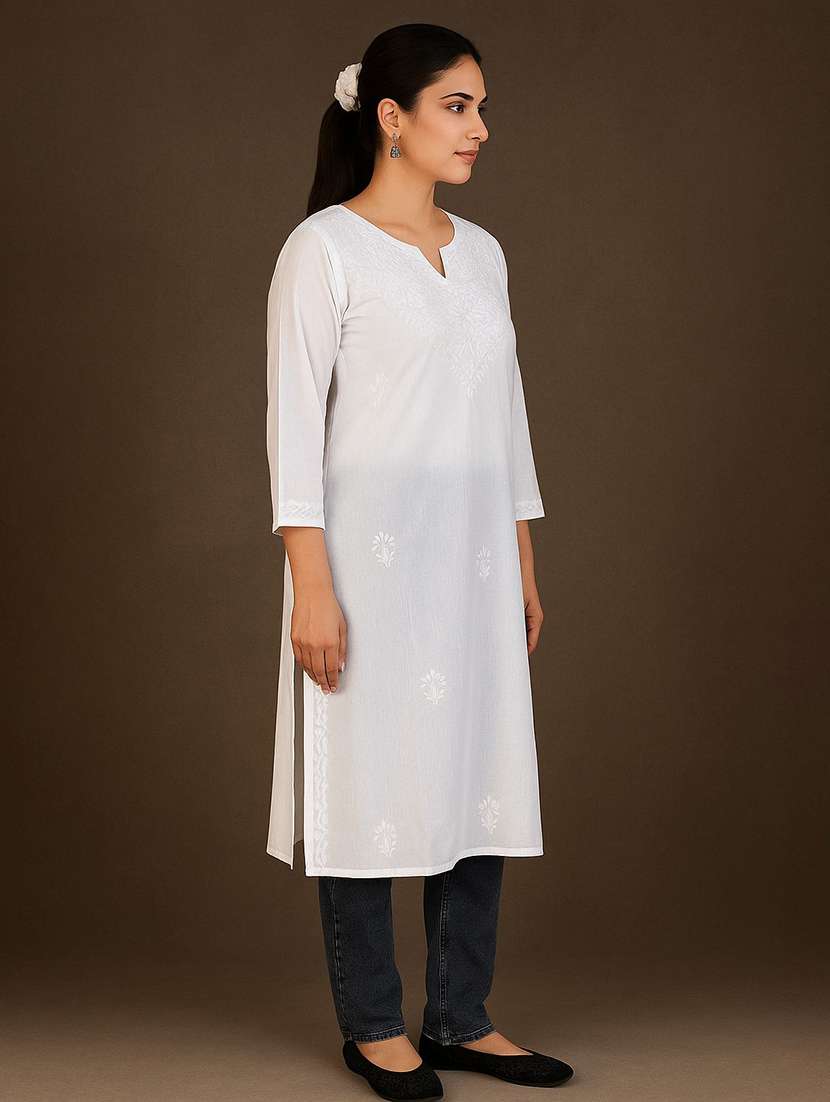 women embroidered three quarter sleeve straight kurta - 22147990 -  Standard Image - 3