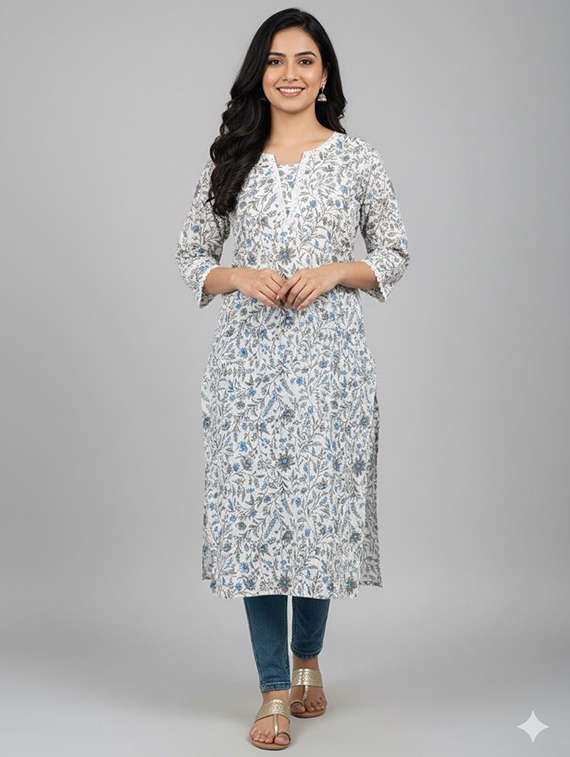 women floral three quarter sleeve straight kurta 