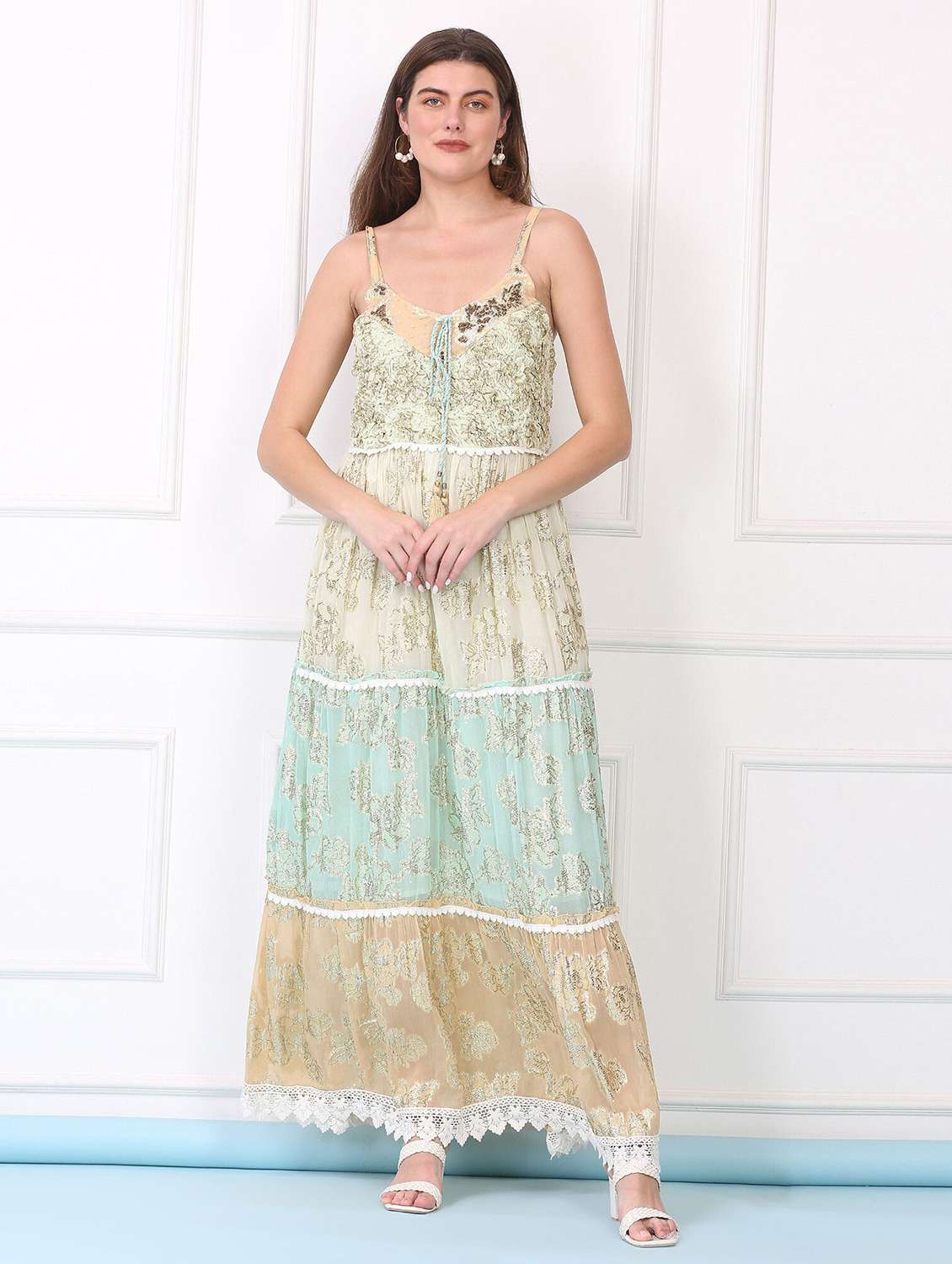 women printed shoulder strap tiered dress - 22148054 -  Zoom Image - 0