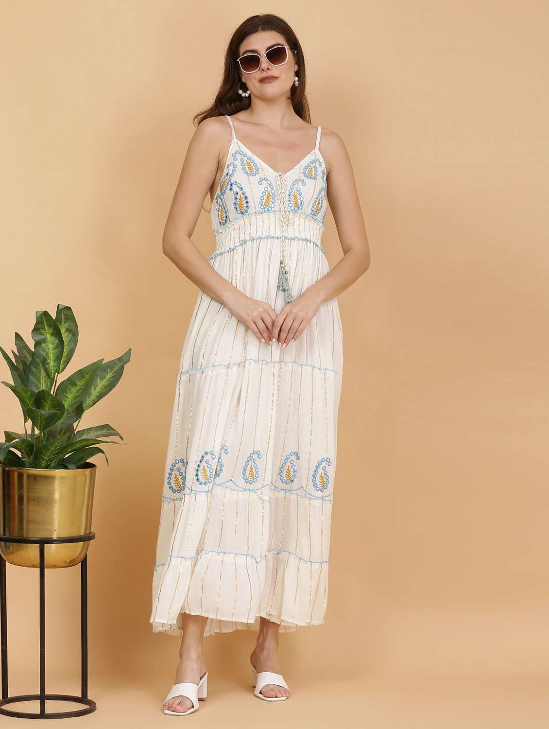 majestic by baani women white embellished full length dress with spaghetti straps 