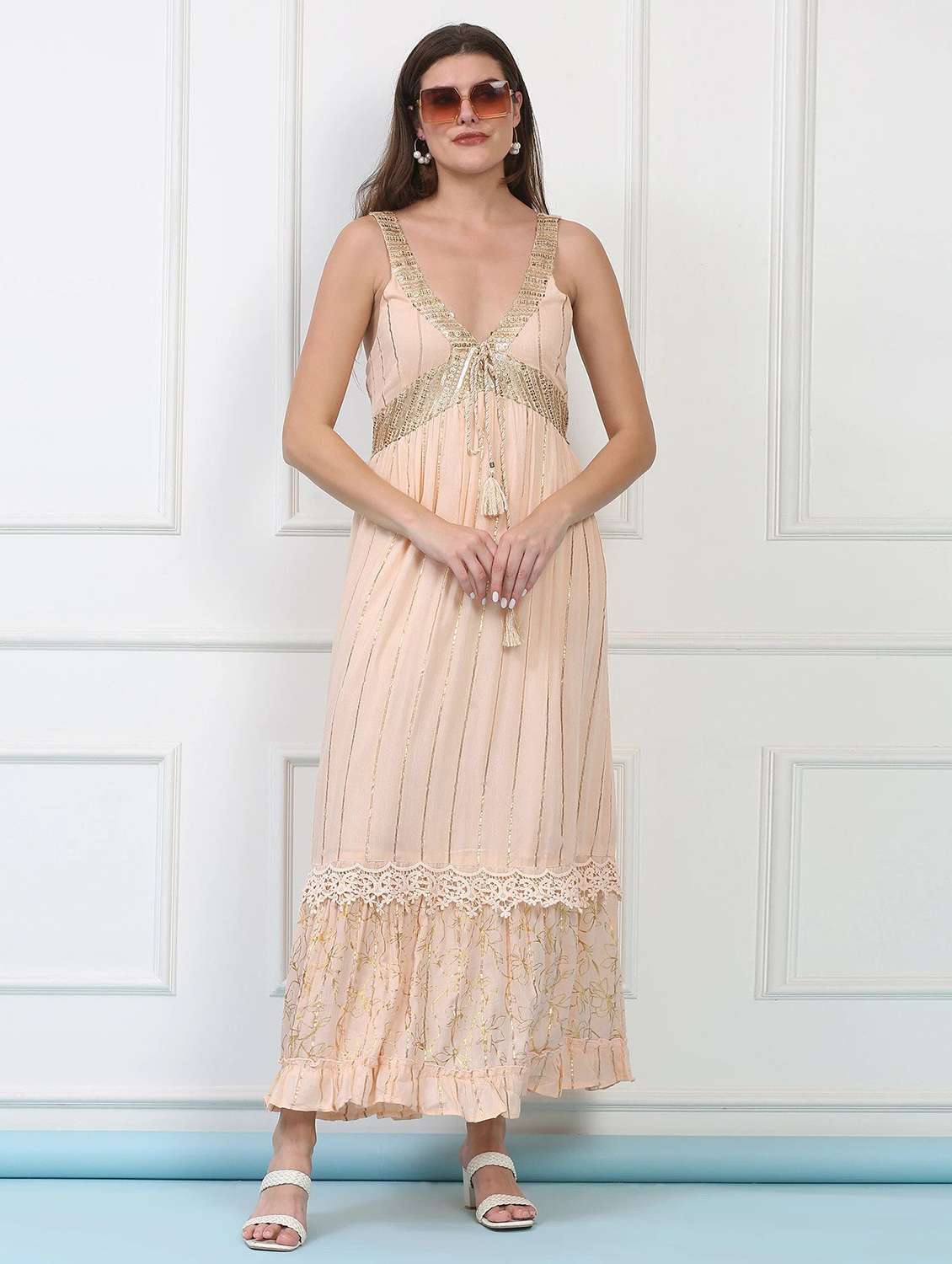 majestic by baani women tiered beige maxi length dress