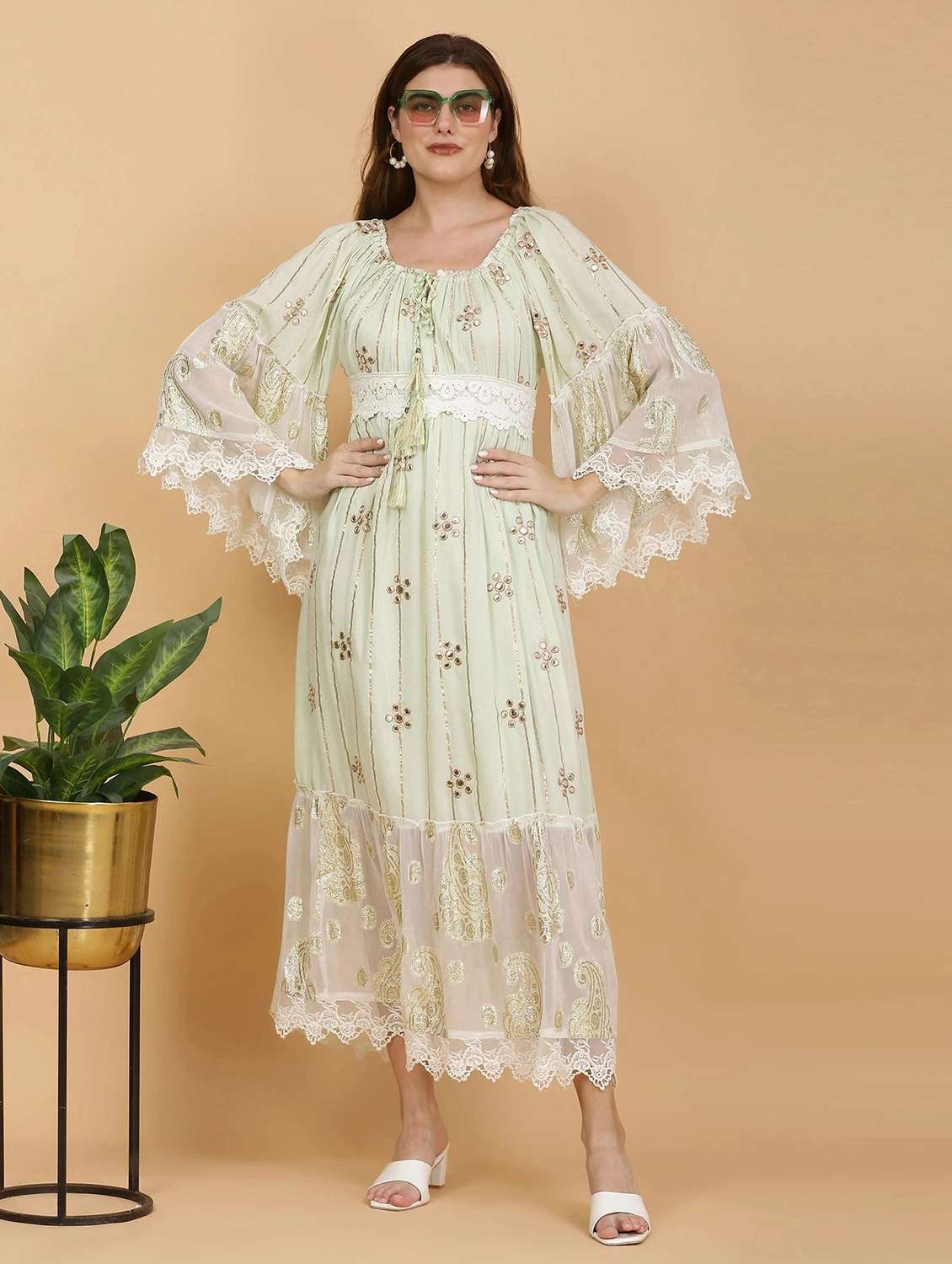 women self designed bell sleeve tiered dress