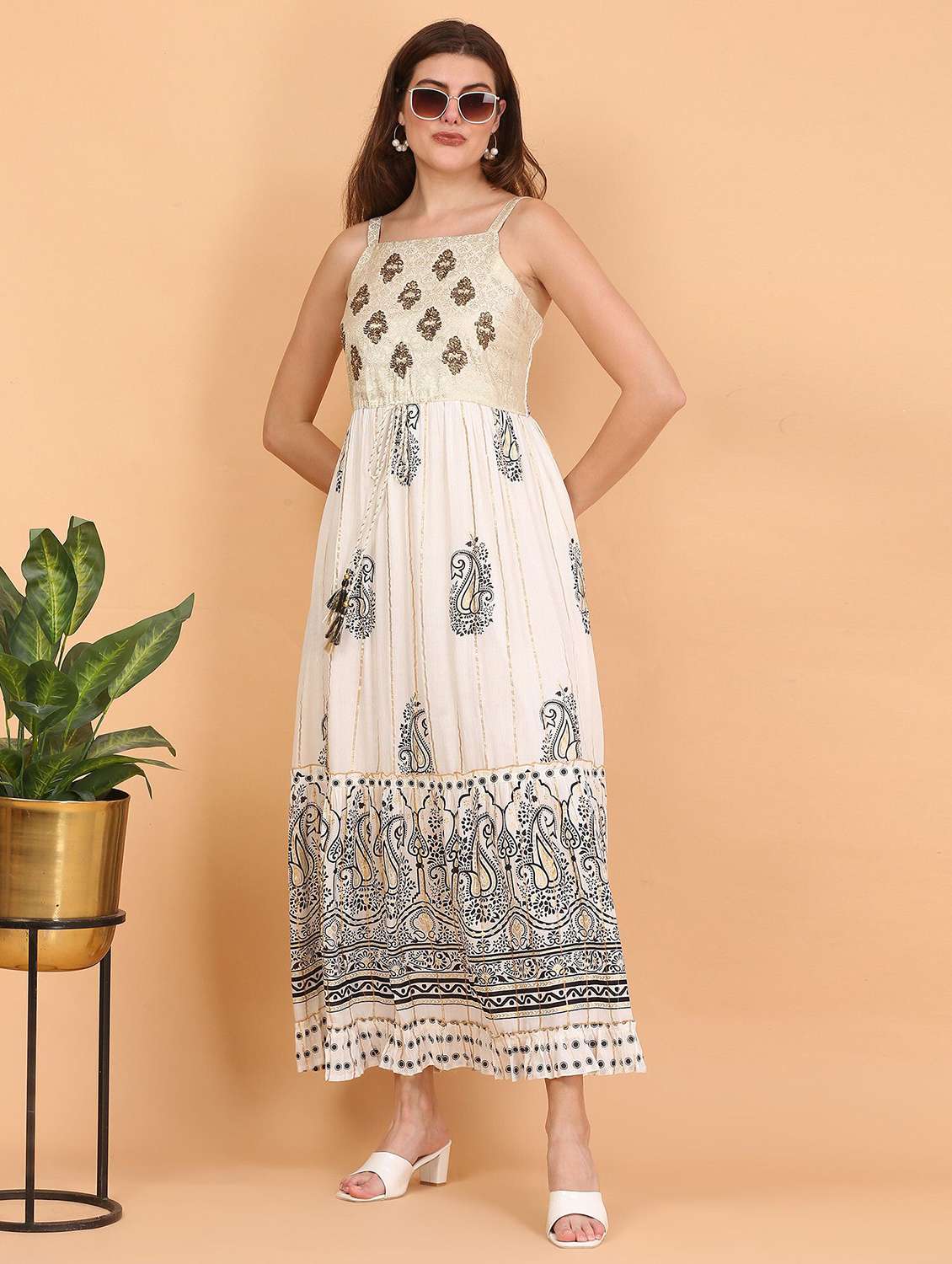 majestic by baani women cream maxi length dress