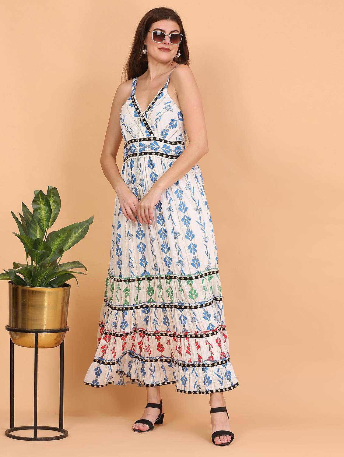 women printed shoulder strap tiered dress - 22148087 -  Zoom Image - 0