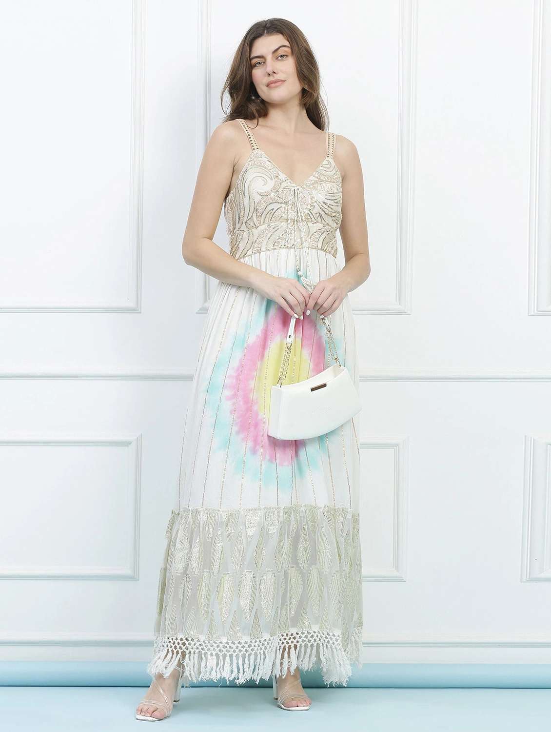 majestic by baani women tiered off white maxi length dress